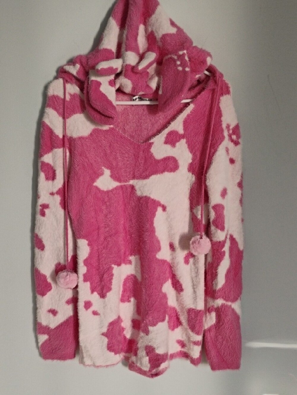 Mobbunny Pink Cow Print Fluffy Bodycon Romper Hoody PomPom Onesie Loungewear S/M